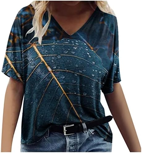 Bayan Kısa Kollu Üst Pamuk Tekne Derin V Boyun Mermer Grafik Gevşek Fit Casual Bluz T Shirt Bayanlar için L5