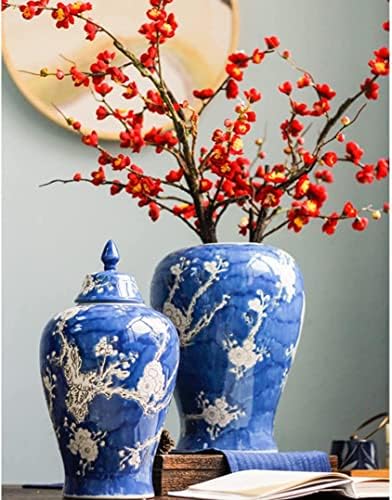 CNPRAZ Mavi Seramik Vazolar Ev Dekorasyonu için Kapaklı Zencefil Kavanozu, Erik Çiçeği Desenli Tapınak Kavanozu Vazo