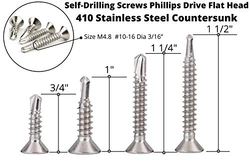 Metal Tek Vidalar Sac Kendinden Delme Vidaları Phillips Sürücü Düz Kafa 410 Paslanmaz Çelik Havşa, diş Boyutu 8-18