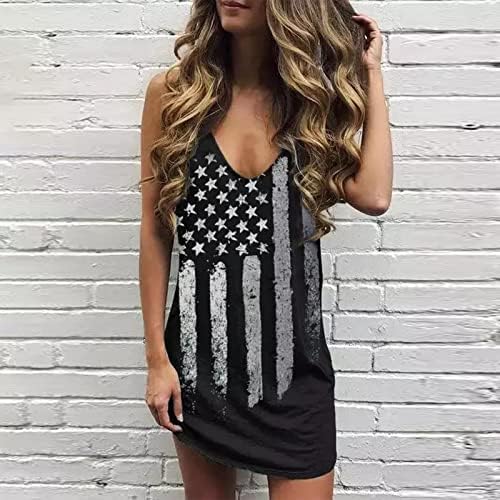 4th Temmuz Mini Elbiseler Kadınlar için Gevşek Rahat Yaz Mini Elbise Kolsuz V Boyun Amerikan Bayrağı Yıldız Çizgili