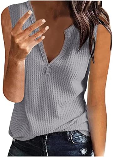 Kadın Yaz Kolsuz Waffle Tee Gömlek V Boyun Egzersiz Tankı Üstleri Rahat Düz Cami Gömlek Kadınlar için 2023 Moda