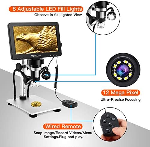 TOMLOV DM9 LCD dijital mikroskop 1200X ile 7 ekran +ET01 genişletici, 1080 P Video mikroskop ile Metal standı, 12MP