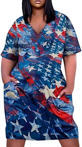 ayaso Bağımsızlık Günü Bayan Kısa Kollu Amerikan Bayrağı Grafik Baskı Elbise Gevşek Fit Artı Boyutu Diz Cep Dökümlü