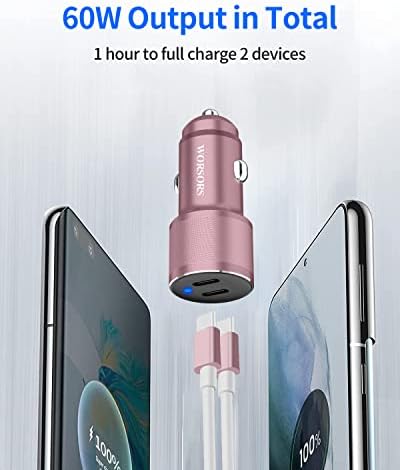 Çift USB C Araç Şarj Cihazı, 60W PD (30W + 30W) Süper Hızlı Şarj Adaptörü Metal Samsung Galaxy S23 Ultra/S23 Artı