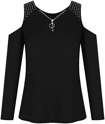 Ruzıyoog Seksi Soğuk Omuz Kadınlar ıçin Tops Yarım Zip Up V Boyun Uzun Kollu Rhinestone T Shirt Casual Katı Renk Tunik