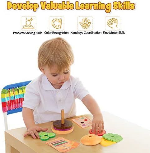 Aizweb Montessori Oyuncaklar için 3 Yaşında - Ahşap Burger İstifleme Oyuncaklar Bebekler ve Çocuklar için Okul Öncesi,
