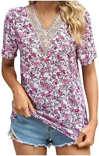 Bayan Yaz Üstleri Şık Rahat Kısa Kollu Bluzlar Tops Moda Dantel Gevşek T Shirt Sevimli Çiçek Baskı V Boyun Tunik