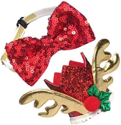 Amosfun Pullu Kravat Noel Köpek Bağları Şapka seti Ren Geyiği Şapka Kırmızı Sequins Yaka Noel Pet Kravatlar Noel Tatili