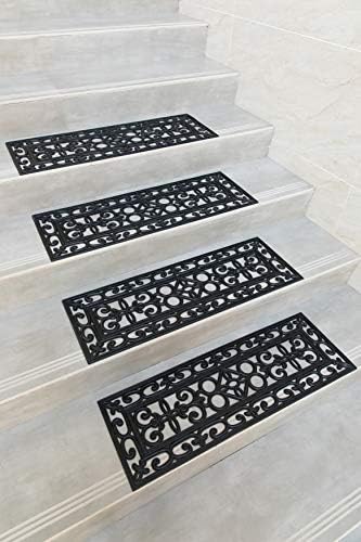 Gardenised V003697 Dekoratif Scrollwork Tasarım Kauçuk Merdiven Kaymaz Sırtı Mat Halı, 4 Set, Siyah