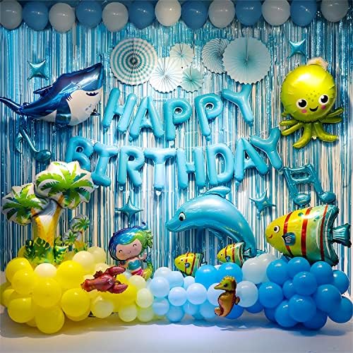 82 adet okyanus doğum günü partisi dekorasyonlarıçocuklar için deniz tema balon Garland kemer Ki, köpekbalığı balon,