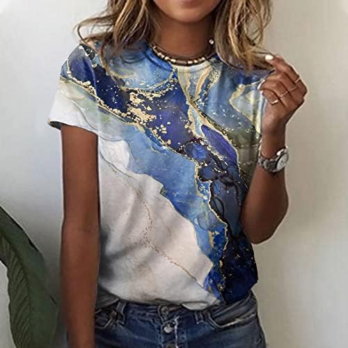 Kısa Kollu T Shirt Bayan Yaz Üstleri Rahat Yuvarlak Boyun Ebru Baskı Grafik Tees bol tişört Bluzlar
