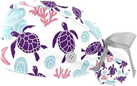 Kadınlar için ter bandı ile 2 Paket Çalışma Kapakları, Sanat Deniz Kaplumbağaları At Kuyruğu Kese Fırçalama Şapkaları