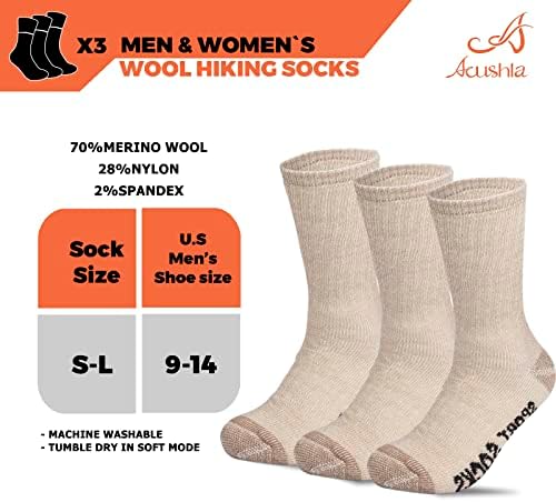 ACUSHLA merinos Yünü yürüyüş çorapları erkekler için-Termal Yastık Ekip Çorap-Sıcak, Nefes ve Nem Esneklik, 3 Pairs,