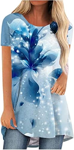 Çiçek Baskılı Üstleri Kadınlar için 2023 Kısa Kollu T Shirt Yaz Crewneck T-Shirt Gevşek Bluzlar Longline Tee Gömlek