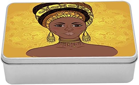 Ambesonne Afrika Metal Kutusu, Türbanlı Kadın Portresi Süslü Mandaladan İlham Alan Yuvarlak Motif, Kapaklı Çok Amaçlı