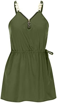 Kadın Yaz Rahat Kolsuz Güneş Elbise Zip Up V Yaka O-ring Sapanlar İpli Plaj Cover Up Tankı Mini Elbiseler