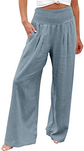 Kadın Yüksek Belli Pilili Geniş Bacak Salonu Pantolon Gevşek Hafif Fit rahat pantolon Rahat Pantolon Cepler ile