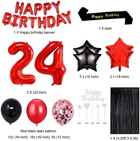 Fancypartyshop 24TH Doğum Günü Partisi Süslemeleri Malzemeleri Kırmızı Siyah Sonra Balonlar Mutlu Doğum Günü Pastası