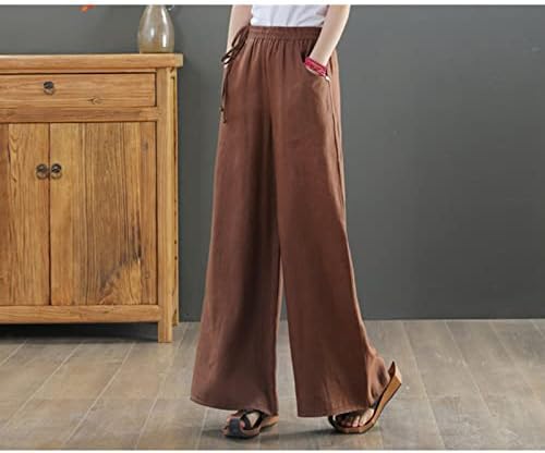 Kadınlar Casual Pamuk Keten dökümlü pantolon Rahat Fit Yumuşak Rahat Geniş Bacak Pantolon İpli Yüksek Bel Gevşek Pantolon