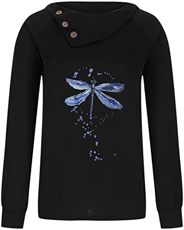 Casual Bluzlar Bayan Manşet Uzun Kollu Kukuletası Boyun Dragonfly Mürekkep Boyama Grafik Bluzlar Tees Bayanlar Düğme