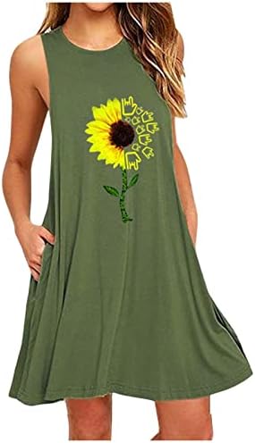 Kadın Çiçek Baskı Yaz Sevimli Elbiseler Yuvarlak Yaka Kolsuz Fırfır A-Line Casual Gevşek Flowy Salıncak Mini Elbise