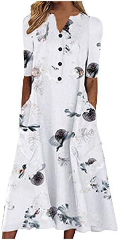 NOKMOPO düğün elbisesi Çiçek Baskı Kısa Kollu Midi Elbise Rahat V Boyun Düğme Cepler Uzun Plaj