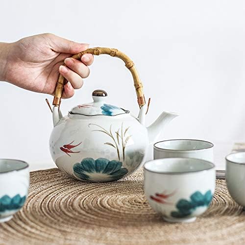 Caalio Japon Çay Seti-Porselen Çaydanlık 24 oz ve Dört Çay Bardağı 3,4 oz Çay Seti (Japon Balığı)