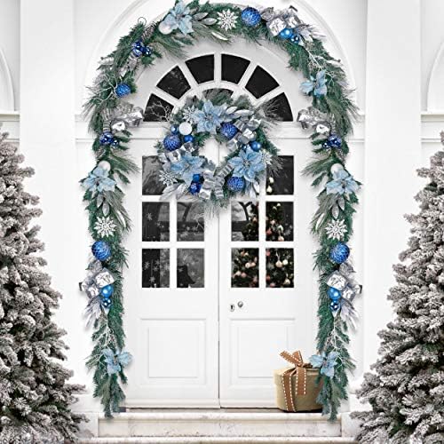 Noel Çelenk Çelenk Değer Paketi | 2 adet) / Kış Dilekleri Mavi Gümüş Tema 24 inç Noel Çelenk, Açık Ev için 9 ft Noel