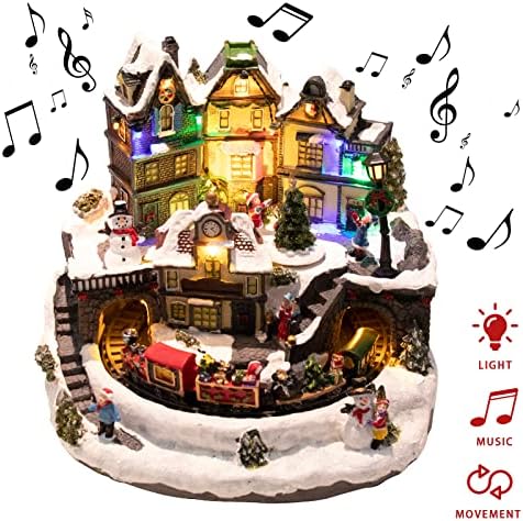 MUMTOP Noel Köyü Ev Dekorasyonu, Renkli LED ışıklar Çan Kulesini ve Binaları Aydınlatır, Dönen Noel Ağaçları ve Demiryolu
