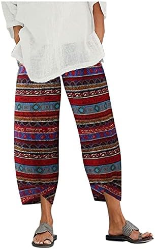 Baggy Pamuk Keten Pantolon Kadınlar için Rahat Elastik Bel Yaz Boho Geniş Bacak Harem pantolon Vintage Kırpılmış Pantolon