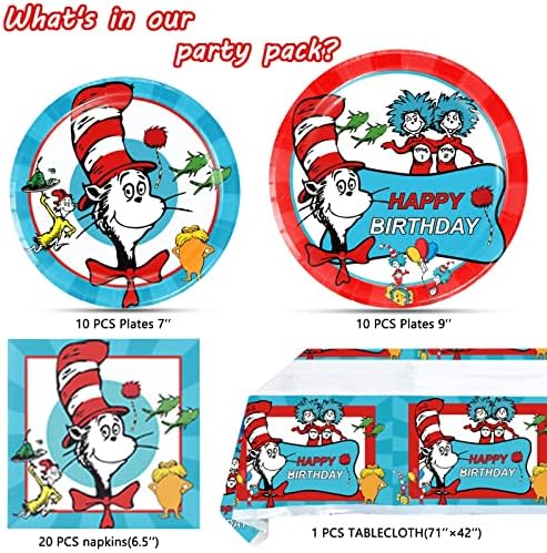 Şapkalı Kedi Parti Malzemeleri, 20 Tabak, 20 Peçete ve 1 Masa Örtüsü Seuss Doğum Günü Partisi Süslemeleri
