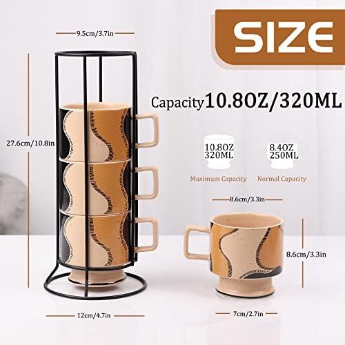 ANTİS'İN EV İstiflenebilir Kahve Kupaları Standlı 4'lü Set, Raflı 10 OZ Seramik Kahve Kupa Seti, Espresso Bardak Seti