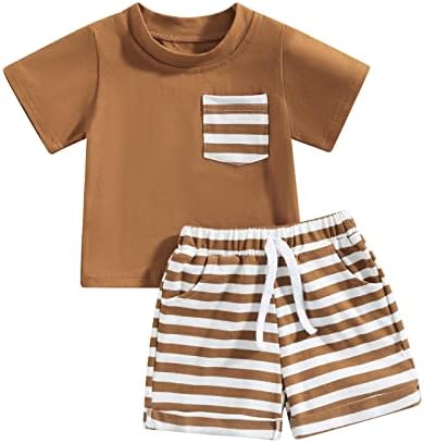 Toddler Erkek Bebek yaz giysileri Set Rahat Kısa Kollu T Gömlek Crewneck Tops Şerit Şort Pantolon Yenidoğan Kıyafetler
