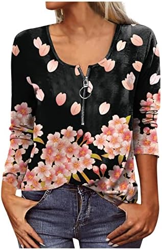 NOKMOPO Bayan Uzun Kollu T Shirt Moda Rahat Çiçek Baskılı Yuvarlak Boyun Fermuar Uzun Kollu Üst