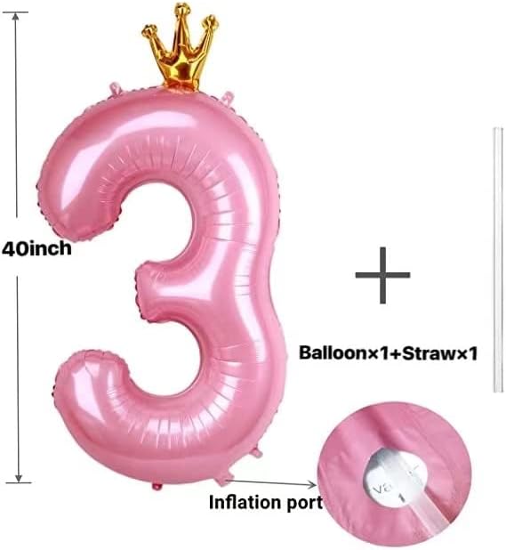 40 İnç Yapışık Taç Numarası 3 Balonlar Pembe, Kızlar için 3. Doğum Günü Balonları, Çocuk Doğum Günü Partisi Süslemeleri.