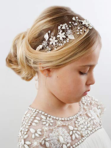 SWEETV Çiçek Kız Başlığı Gümüş Prenses Düğün Kafa Bandı-Bebek Kız Çiçek İnci saç aksesuarları Doğum Günü Partisi için,