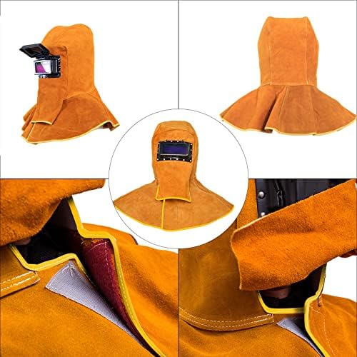 Kaynak Kask koruyucu donanım Maskesi Çalışma Kapağı, İnek Derisi Deri Kaynakçı Hood ile Boyun Omuz Örtüsü, güneş Otomatik