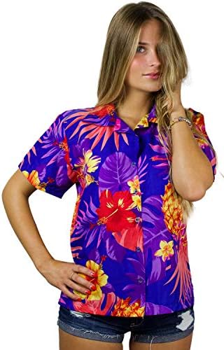 KRAL KAMEHA Funky Rahat Hawaii Bluz Gömlek Kadın Ön Cep Düğme Aşağı Çok Yüksek Sesle Kısa Kollu Parti Tatil Ananas