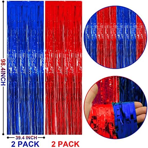 4 Paketleri 3.3 ft x 8.2 ft Mezuniyet Parti Süslemeleri Kırmızı ve Mavi Tinsel Folyo Saçak Perdeler için Ev Açık Mezuniyet